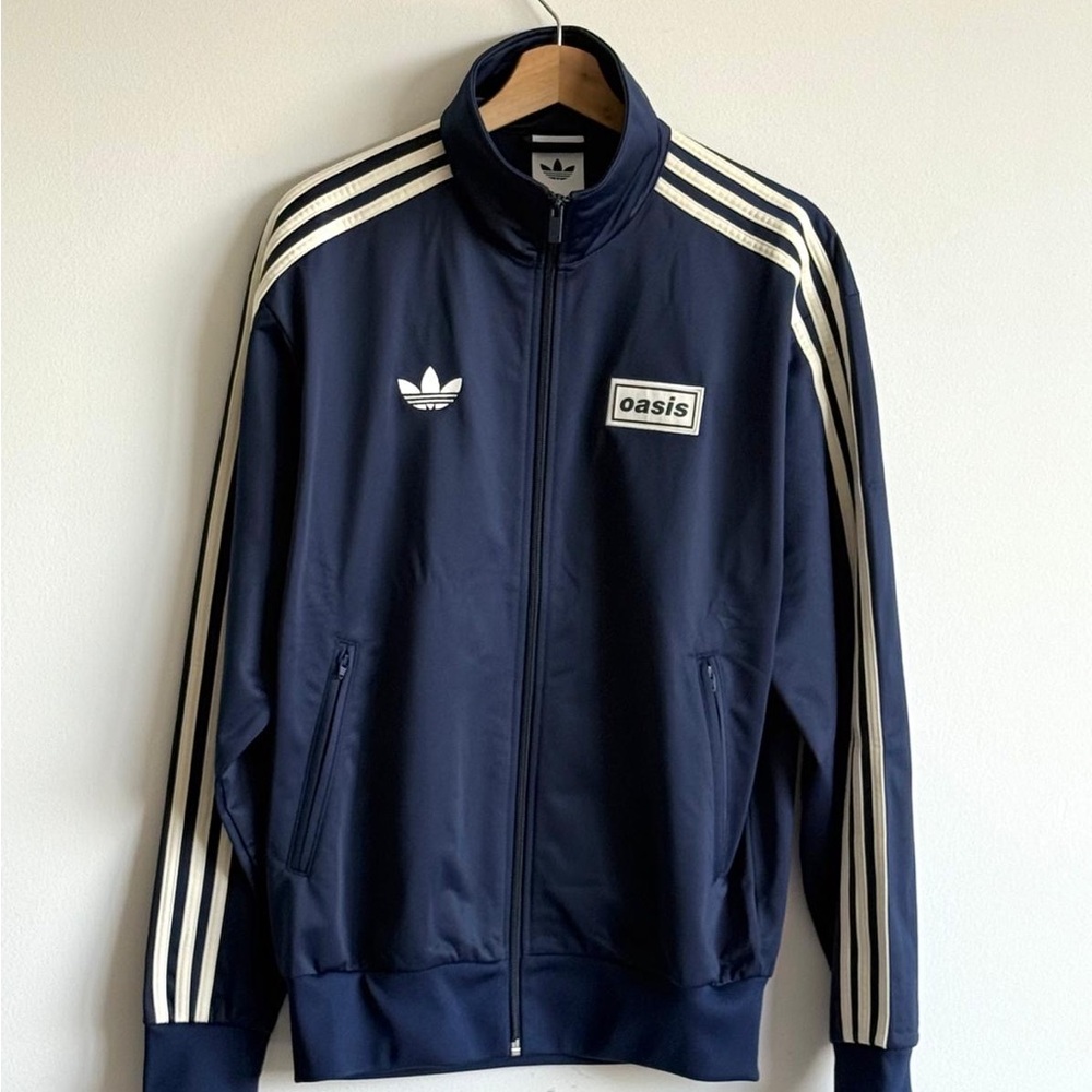 Adidas Navy Blue firebird Track Jacket with Cream Stripes / Oasis tour